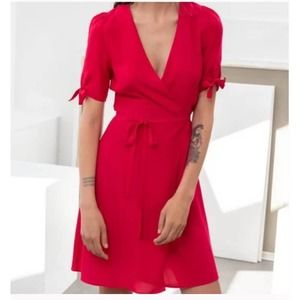& Other Stories Women's Size 0 Mini Wrap Dress ~ Red Puff Sleeves with Ties
